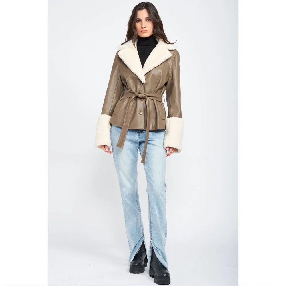 PRICE DROP Belted Faux Shearling Trimmed Taupe Leather Jacket - Picture 3 of 10